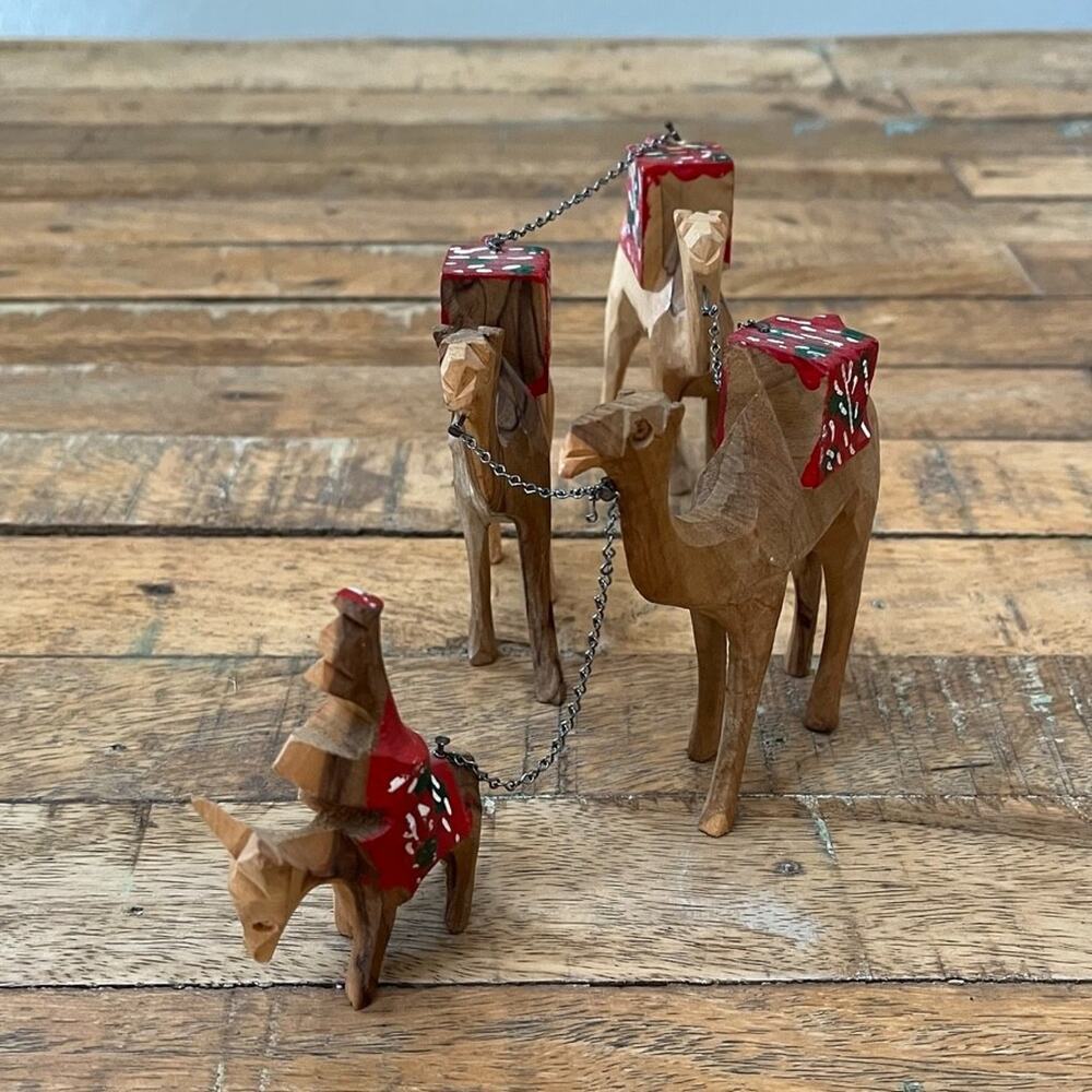 Vintage Hand Carved Wood Christmas Nativity Figurines Camels